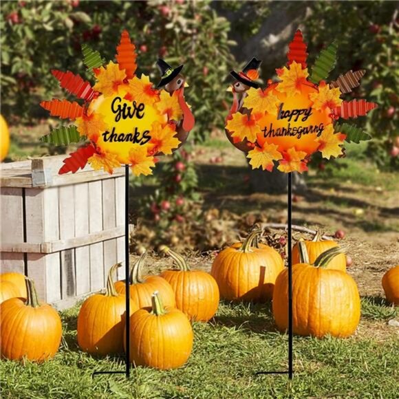 Set of 2 Turkey Garden Stakes Thanksgiving Decor, 36 Inch Metal Fall - Picture 7 of 8